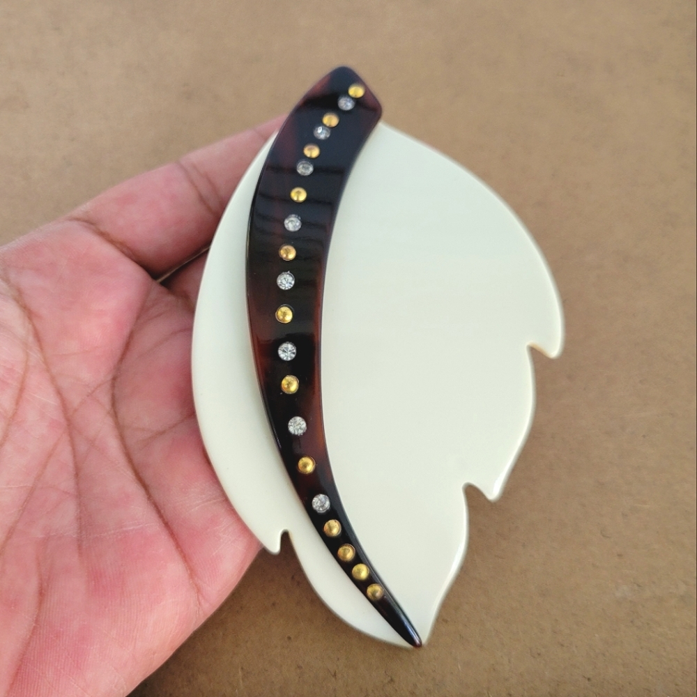 Vintage Retro 80s Large Cream & Faux Tortoise Shell Acrylic French Hair Clip